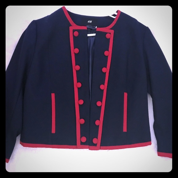 H&M Blazer Army style Navy/Red Cropped ! - Picture 2 of 6